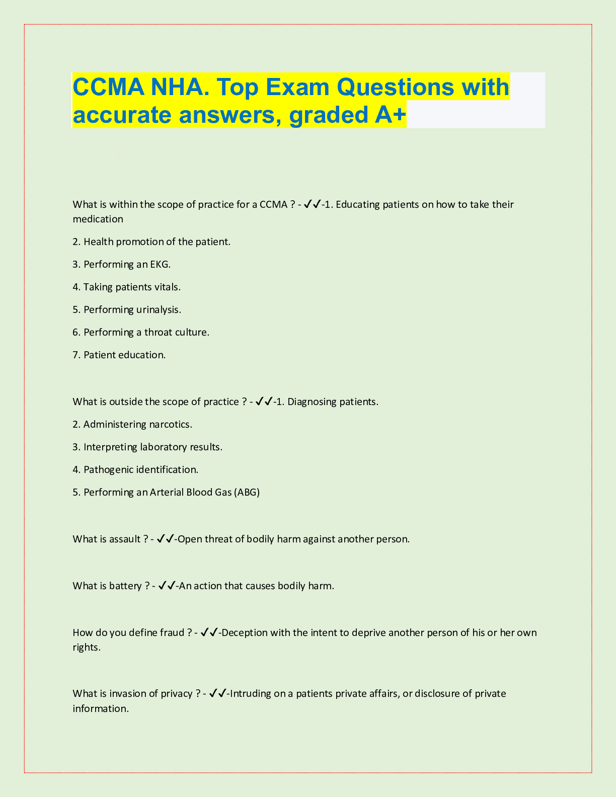 Preview image for CCMA NHA. Top Exam Questions with  accurate answers, graded A+